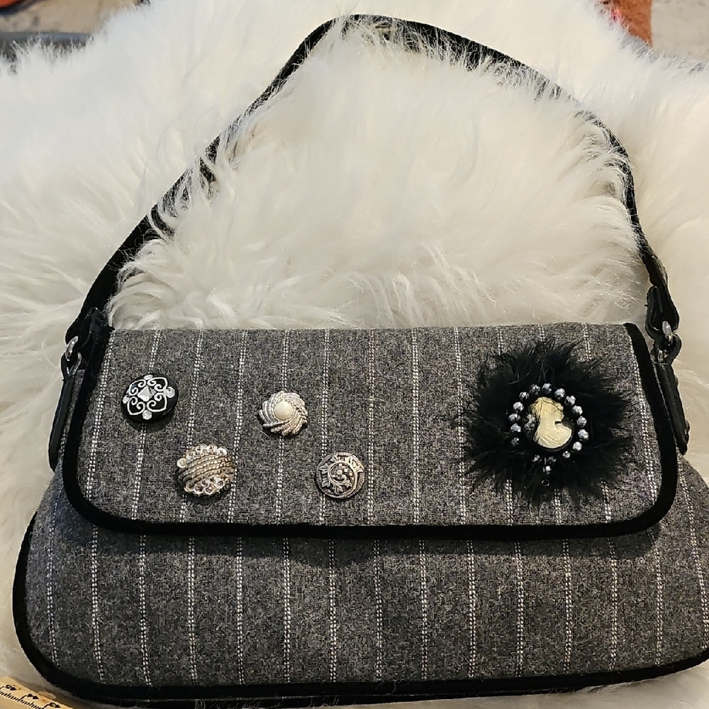 Gray Wool Pinstripe Embellished Shoulder‎ Clutch Bag.